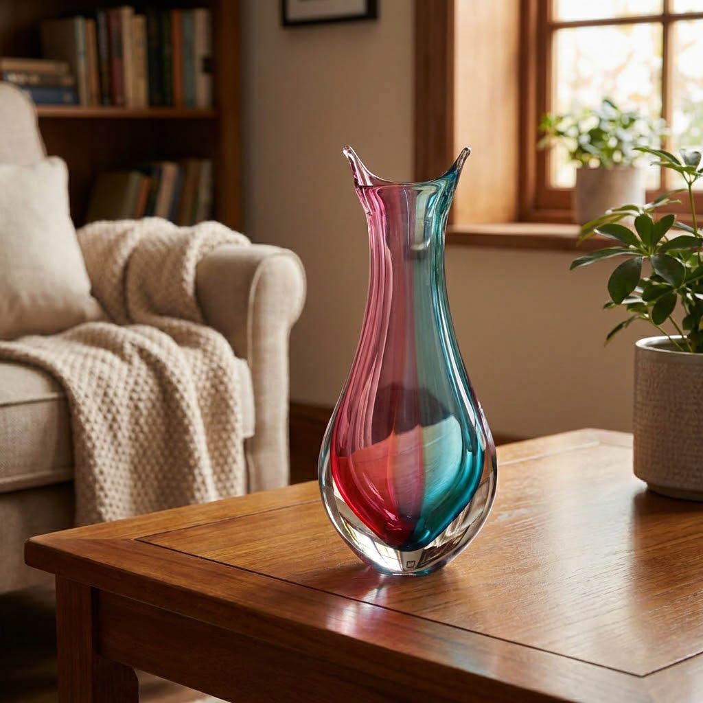 Tall modern glass vase featuring a split design of soft pink and vibrant teal colors