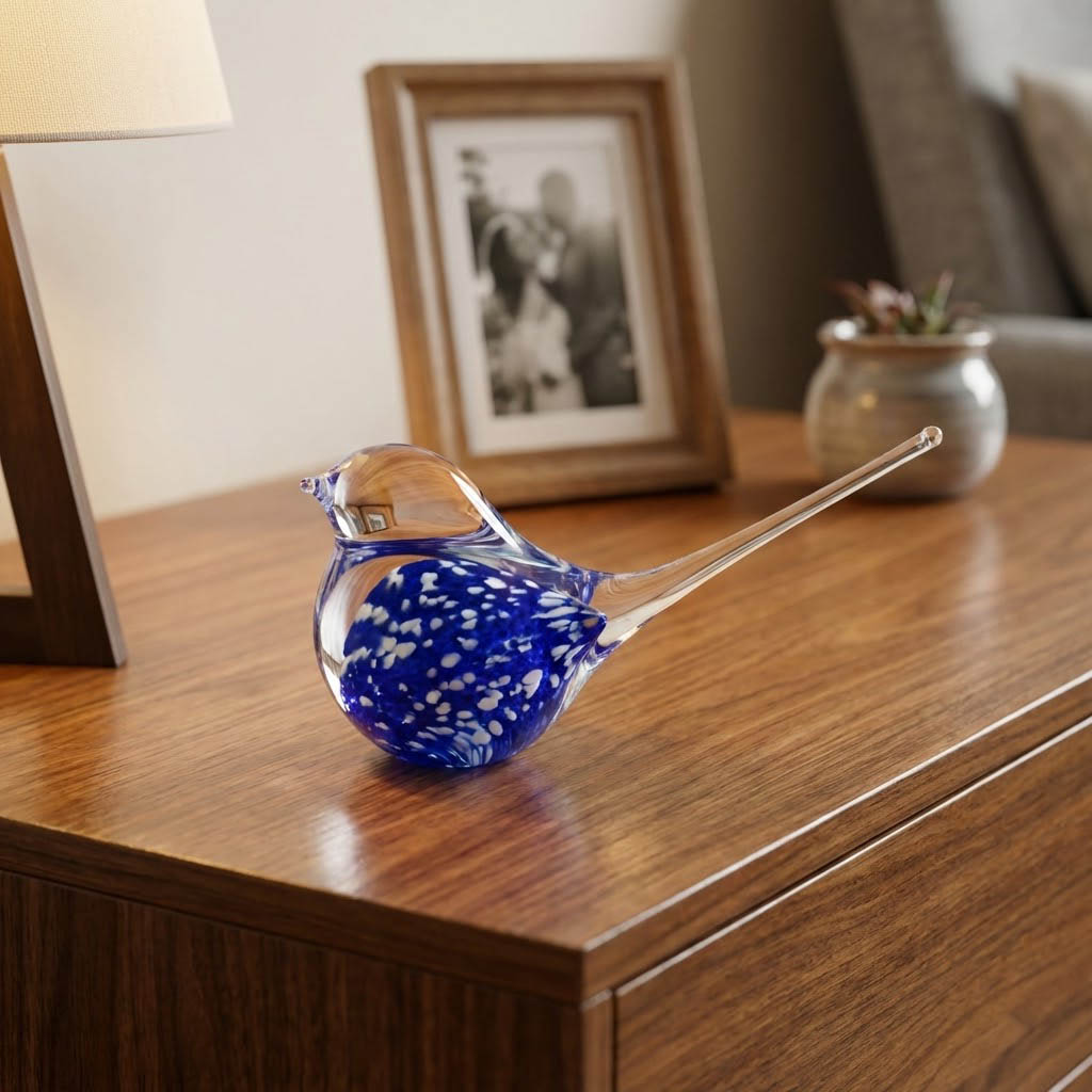 Small hand-blown glass bird figurine featuring vibrant blue glass with delicate white spots on a wooden table