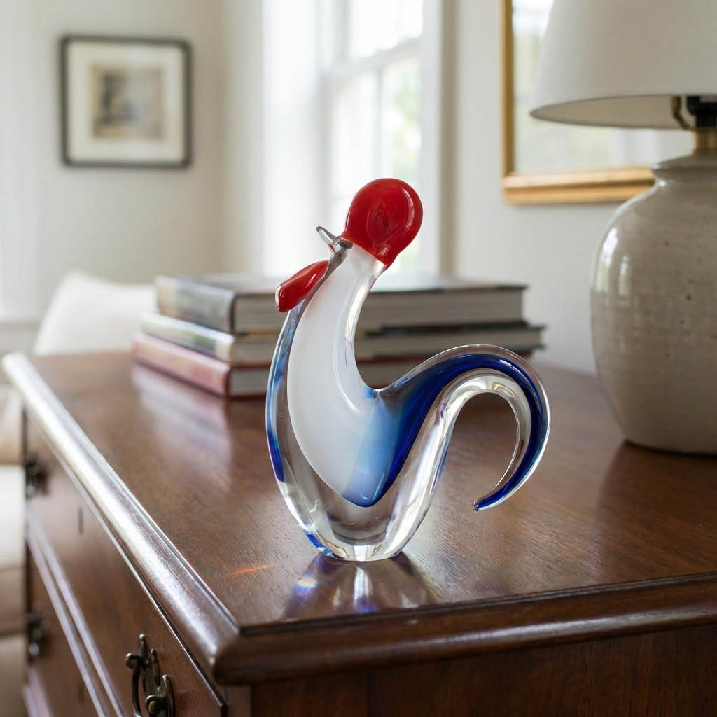 Proud hand-blown glass rooster figurine with bold red, white, and blue colors