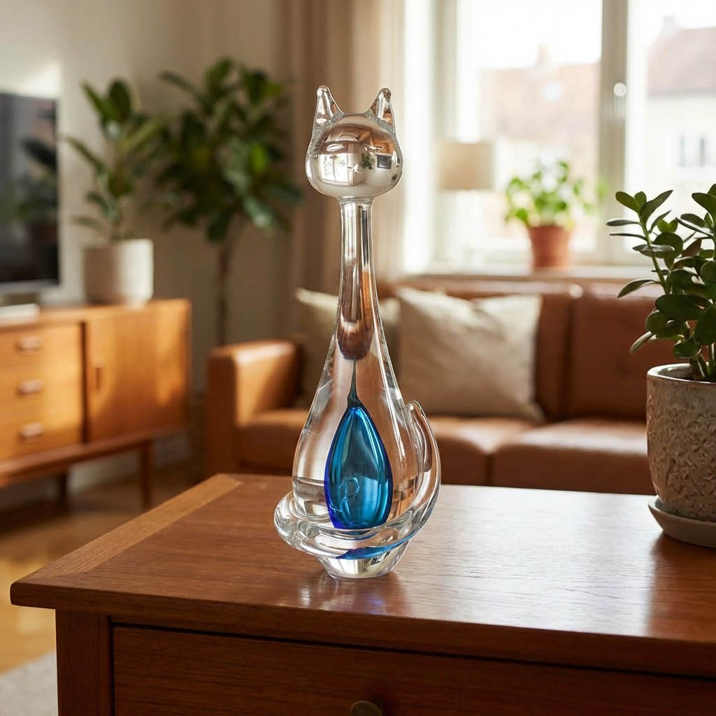 Tall elegant clear glass cat sculpture with a deep blue center on a coffee table