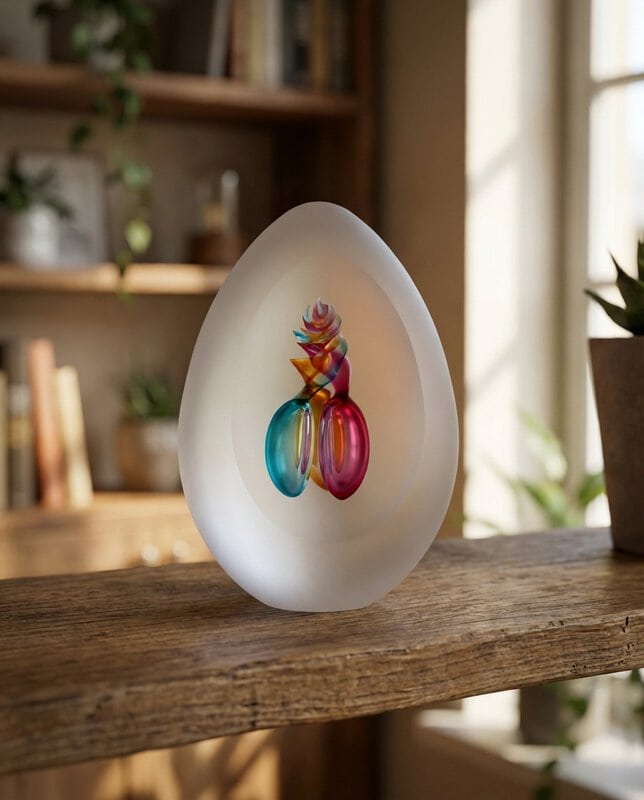 Hand-cut solid glass paperweight in an egg shape featuring precise faceted cuts