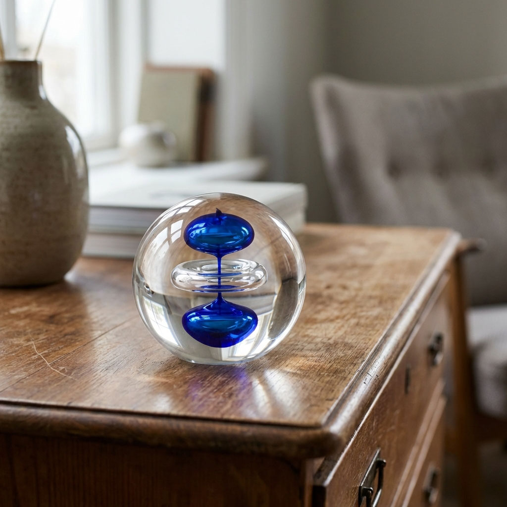 Round solid crystal paperweight highlighting a vibrant swirl of glass colors inside
