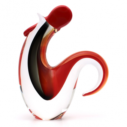 Glass Rooster Figurine, Smoky black / Red