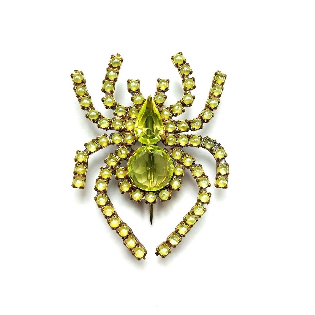 Art Deco Vaseline Uranium Glass ' Spider ' Vintage Brooch Pin