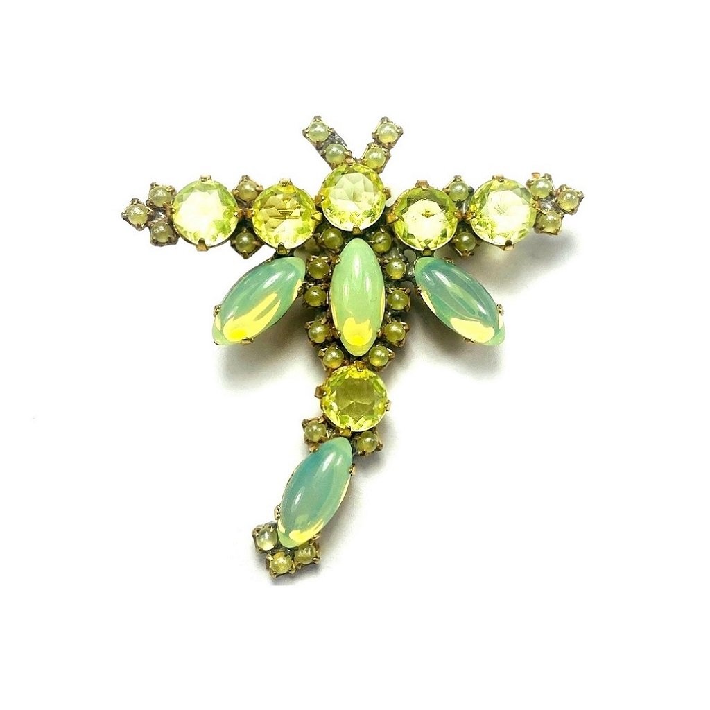Art Deco Vaseline Uranium Glass ' Dragonfly ' Vintage Brooch
