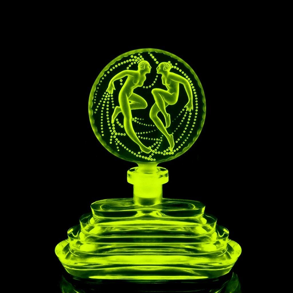 Vintage Czech perfume bottle Twin Sirens in vaseline uranium glass by Hoffmann glowing under UV light