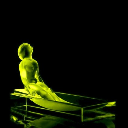 Art Deco uranium glass bowl with nude figurine by H. Hoffmann, Bohemia 1930s, glowing green under UV light