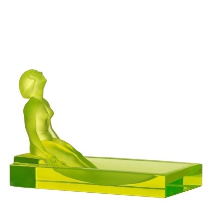 uranium glass art deco rectangular bowl with seated nude lady in bath — made from original 1930s hoffmann molds