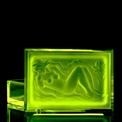 uranium glass art deco jewelry box with reclining nude relief — 1930s h. hoffmann — uv glow