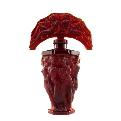 1930s H. Hoffmann Art Deco ruby glass “Graces” perfume bottle on white background, Lalique-style design, Bohemian Art Glass