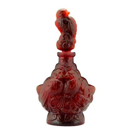 Art Deco ruby glass perfume bottle with bird stopper, Lalique-style design – front view
