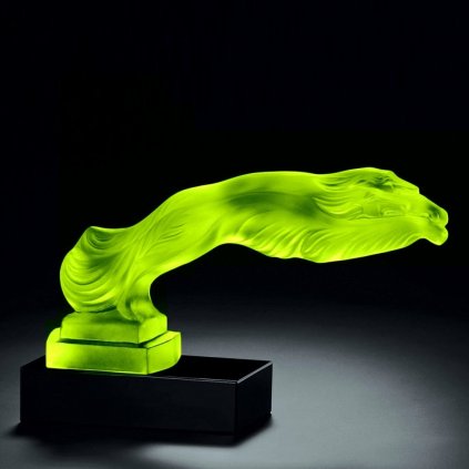 Art Deco Twin Greyhounds hood ornament in yellow uranium glass with black glass base