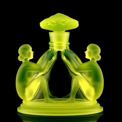 Uranium vaseline glass Art Deco perfume bottle by H. Hoffmann with Two Nude Ladies relief, strong UV-glowing uranium glass – artdeco1930.com