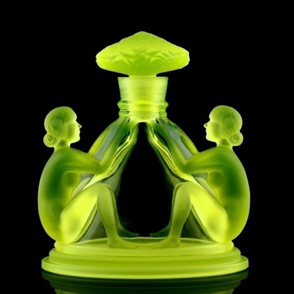 yellow uranium glass Art Deco nude ladies display perfume bottle by H. Hoffmann