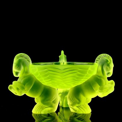 uranium glass art deco bowl with three rearing horses by h. hoffmann — glows under uv light