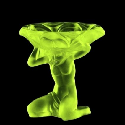 1930s H. Hoffmann Art Deco Uranium Glass Sculpture Bowl – Bohemian Vaseline Glass glowing under UV light