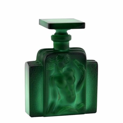 Art Deco malachite glass perfume bottle nude odalisque combing her hair, Lalique-style design, 1930s H. Hoffmann, artdeco1930.com