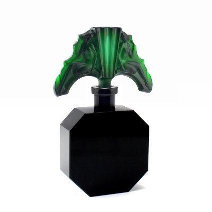 Lalique-style design, Art Deco black glass perfume bottle with green malachite nude figurine stopper by H. Hoffmann 1930s