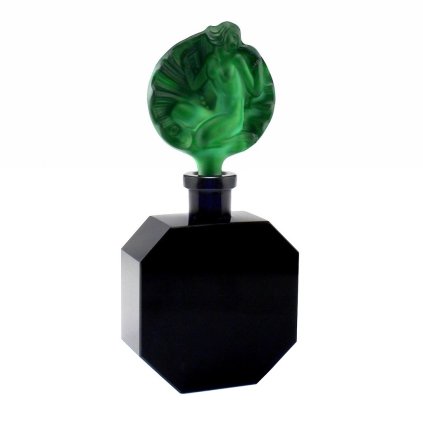 1930s H. Hoffmann Art Deco black glass perfume bottle with malachite pearl-maiden stopper, Lalique-style design