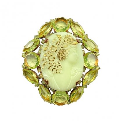 Art Deco Vaseline Uranium Glass Cameo Vintage Brooch Pin