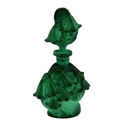Green malachite glass Art Deco perfume bottle with bellflower relief by H. Hoffmann – Lalique-style design – artdeco1930.com