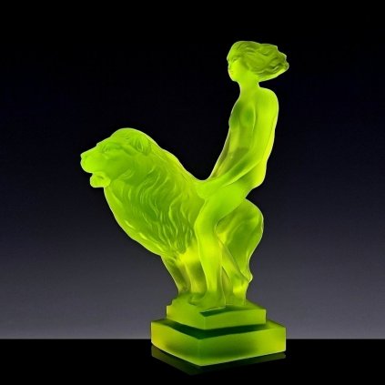 Art Deco Nude Lady on Lion hood ornament in yellow uranium glass