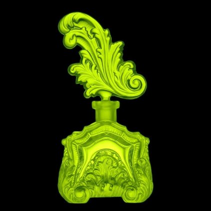 Bohemian uranium glass Art Deco perfume bottle with acanthus scroll stopper — 1930s H. Hoffmann