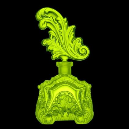 Uranium vaseline Art Deco perfume bottle with acanthus leaf stopper, Lalique-style design, UV glowing, artdeco1930.com