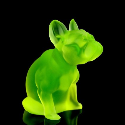 Art Deco uranium glass bulldog figurine glowing under UV light