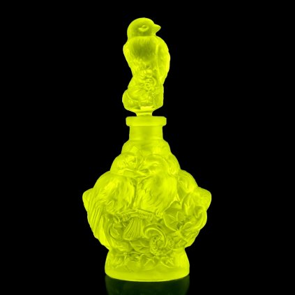 Yellow uranium glass Art Deco birds perfume bottle by H. Hoffmann