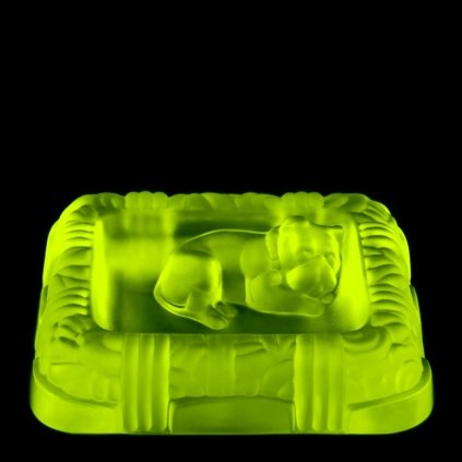 1930s H. Hoffmann Art Deco “Bulldog” uranium glass bowl — Bohemian Vaseline glass sculpture glowing neon green under UV light