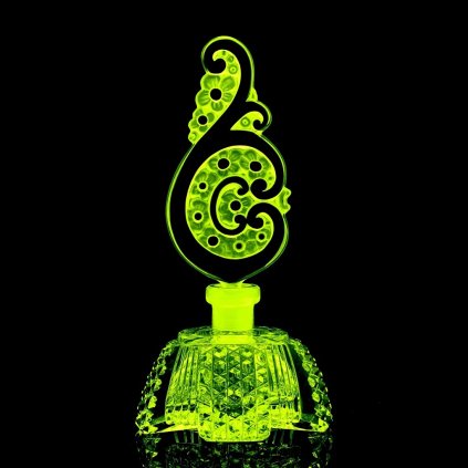 Bohemian uranium glass Art Deco paisley floral scroll perfume bottle — UV glowing