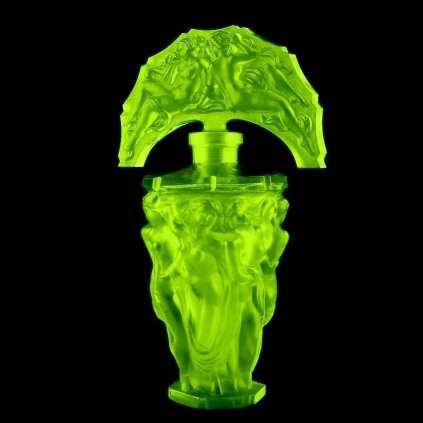 1930s H. Hoffmann Art Deco vaseline uranium glass perfume bottle – Graces, Lalique-style design, glows under UV light