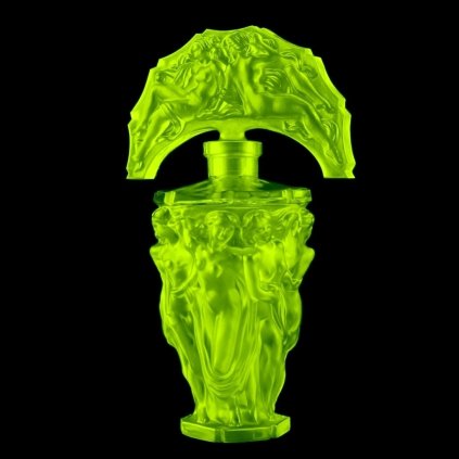 Uranium glass Art Deco perfume bottle with nude nymphs relief — 1930s H. Hoffmann