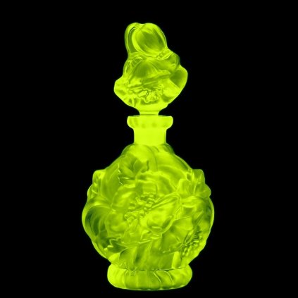 Yellow uranium glass Art Deco poppy relief perfume bottle by H. Hoffmann