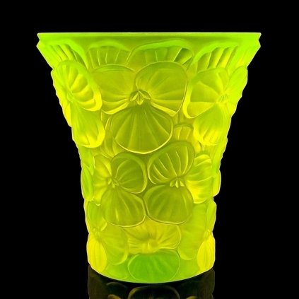 uranium glass art deco floral relief vase by H Hoffmann molds UV reactive