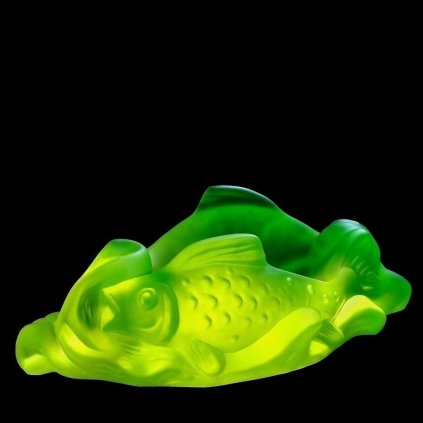 Uranium vaseline glass Art Deco fish figural bowl, Lalique-style sculptural design, 1930s H. Hoffmann, strong UV glow — artdeco1930.com