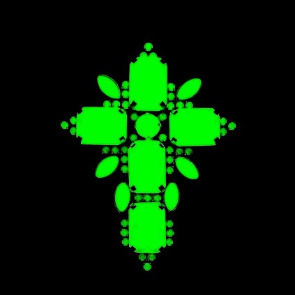 Uranium glass Art Deco rectangular cluster cross pendant showing bright green UV glow