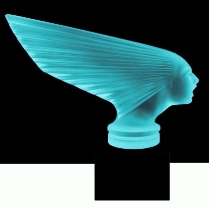 uranium glass Art Deco Victoire hood ornament car mascot in blue glass with black glass base designed by H. Hoffmann