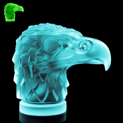 Art Deco eagle head hood ornament made of blue uranium glass, sculptural relief by H. Hoffmann