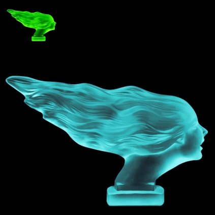 Art Deco Car Mascot Figurine ' Speed Girl ' Hood Ornament 1930' H.Hoffmann Aquamarine Cyan Vaseline Uranium Glass