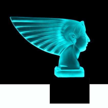 Uranium glass Art Deco Pharaoh head hood ornament in blue glass on black glass base by H. Hoffmann