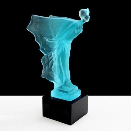 Uranium Glass Art Deco Flying Lady hood ornament, blue uranium glass on black glass base, Bohemian