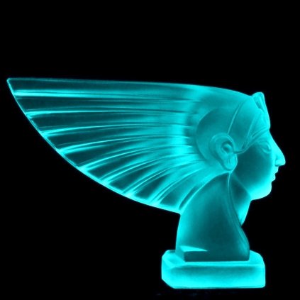 Uranium glass Art Deco Pharaoh Head hood ornament in blue glass by H. Hoffmann