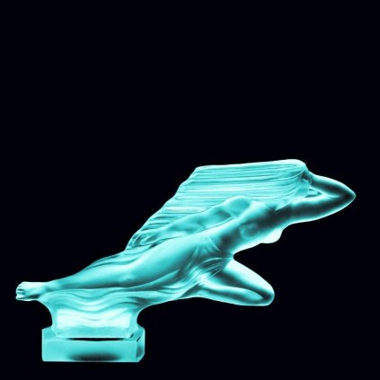 Uranium glass Art Deco Girl in the Wind hood ornament in blue glass by H. Hoffmann