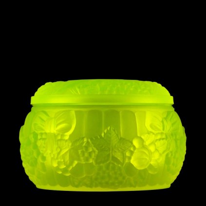 Uranium glass Art Deco jewelry box with grape and vine relief, 1930s H. Hoffmann — glows under UV light