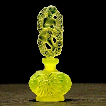 Lalique-style uranium vaseline glass perfume bottle by H. Hoffmann with Cupid bow stopper and butterfly relief