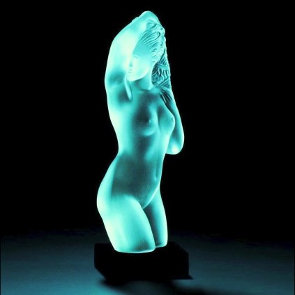 Uranium glass Art Deco nude lady figurine in blue glass on black glass base by H. Hoffmann