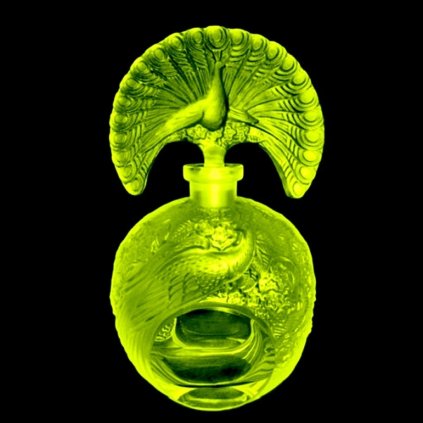 Art Deco uranium vaseline glass perfume bottle with Lalique-style peacock fan stopper by H. Hoffmann