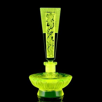 Bohemian uranium glass Art Deco perfume bottle with sunburst floral stopper — UV glow